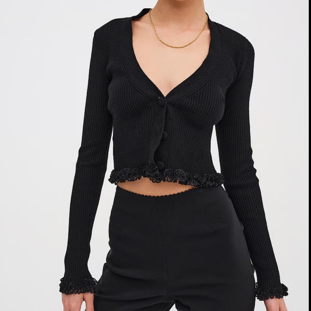 For Love and Lemons Soft Ribbed Cropped Cardigan Black
